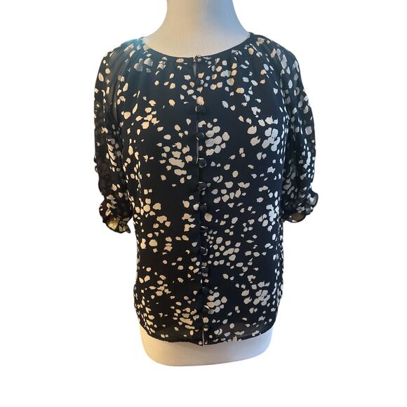 M Madewell Memento Ruffle-Sleeve Top Drifting Petals Paintbrush Dot Deep Navy - Picture 2 of 6